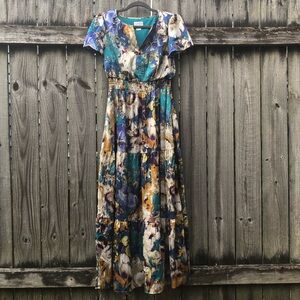 Nicole Miller Floral Satin Tiered Maxi Dress Size S Teal Abstract Watercolor